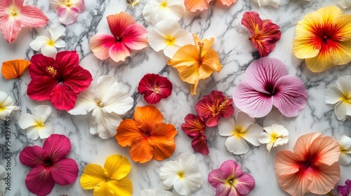 Colorful Tropical Flowers Arranged on Marble Surface