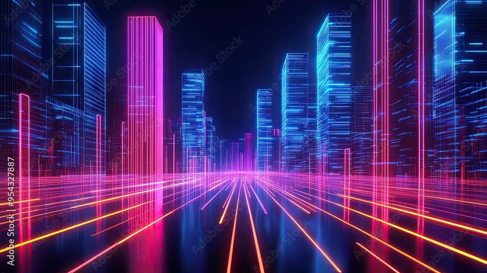 Neon Cityscape with Glowing Lines and a Reflective Surface Neon Cityscape with Glowing Lines and a Reflective Surface