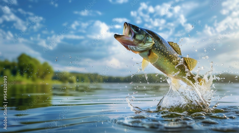 Close up of fish leaping above lake surface with splashing water and scenic sky background Close up of fish leaping above lake surface with splashing water and scenic sky background