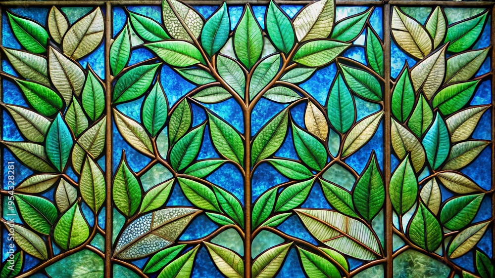 Close up of a stained glass window with green and blue leaves on both sides Close up of a stained glass window with green and blue leaves on both sides