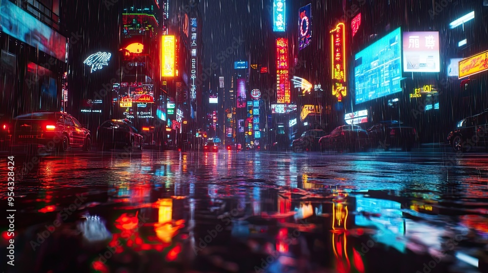 Neon-lit cityscape reflecting in a rain-soaked street Neon-lit cityscape reflecting in a rain-soaked street