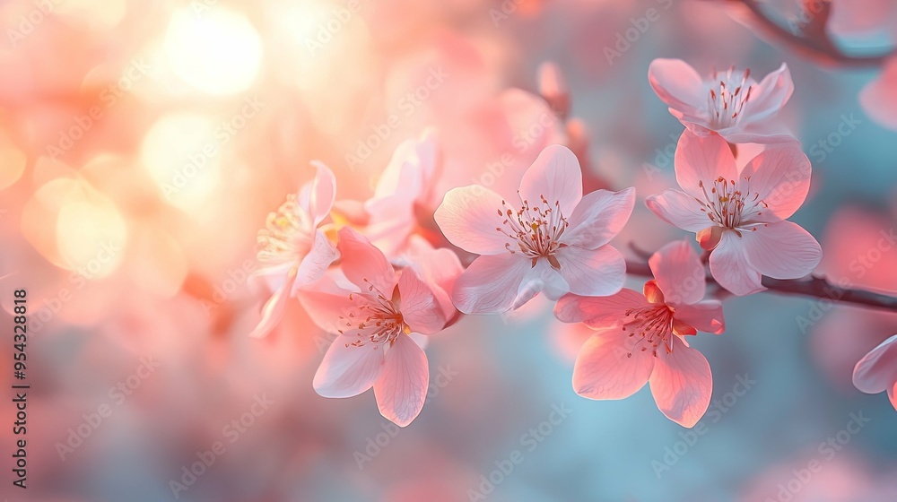 Pink Cherry Blossoms Bloom on Branch in Spring Sunlight Pink Cherry Blossoms Bloom on Branch in Spring Sunlight