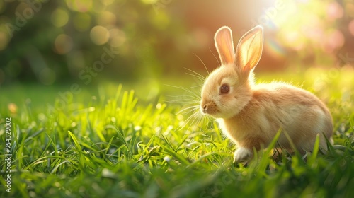 Adorable fluffy rabbit playfully bounding through sunlit meadow on easter morning celebration