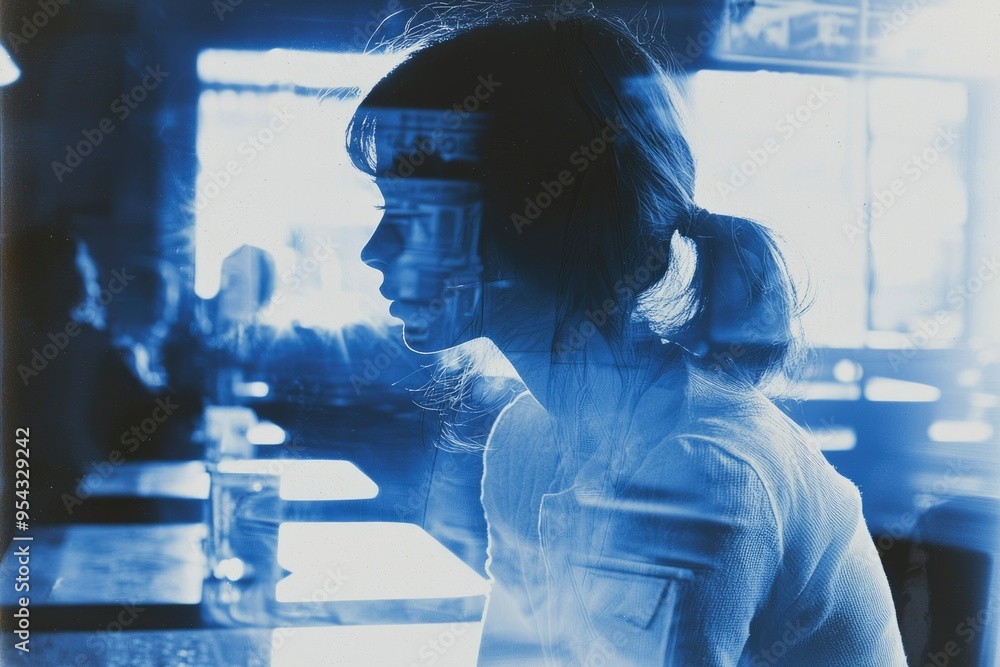 A Silhouette of a Woman in a Blue Tinted Photograph A Silhouette of a Woman in a Blue Tinted Photograph