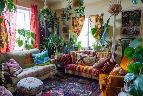 Illustration of A trendy living room bursting with cluttercore charm, vibrant bohemian patterns, mismatched furniture, and a riot of indoor plants. Ai Generate.
 photo