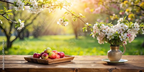A wooden table with a vase of flowers and apples, a tray of apples, and a blossomy tree in the background