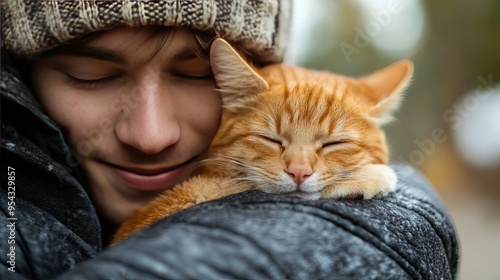 Young Man Holds Sleeping Ginger Cat, Enjoying Cozy Moment Together