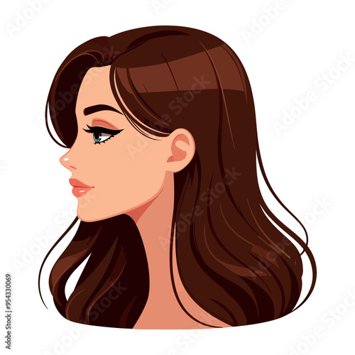 Portrait of a beautiful young woman with long hair flat cartoon Vector