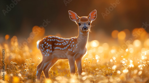 Cute Spotted Fawn Standing in Golden Meadow - Realistic Animal Photography