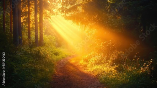 Golden Light Illuminates a Path Through a Forest