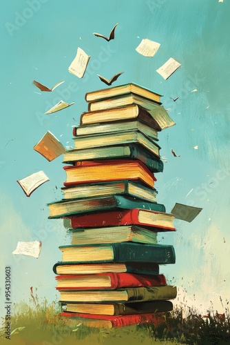 Whimsical Stack of Books: Pages Fluttering in the Breeze