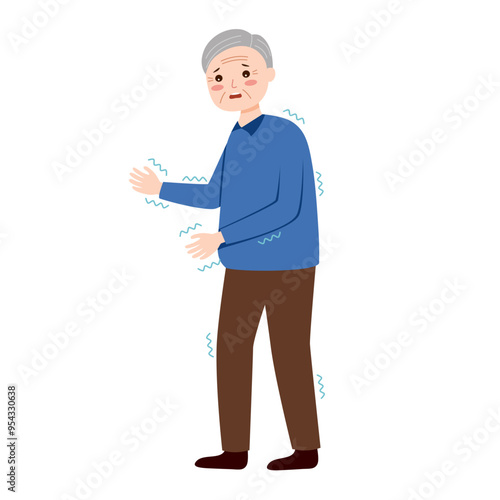 Elderly man with trembling symptoms of Parkinson's, cold or fear.
