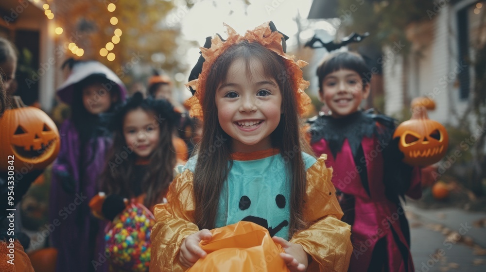 Group of children dressed in colorful Halloween costumes standing on a quiet, decorated street, with pumpkins and spooky decorations around them, all smiling and looking directly at the camera. Group of children dressed in colorful Halloween costumes standing on a quiet, decorated street, with pumpkins and spooky decorations around them, all smiling and looking directly at the camera.