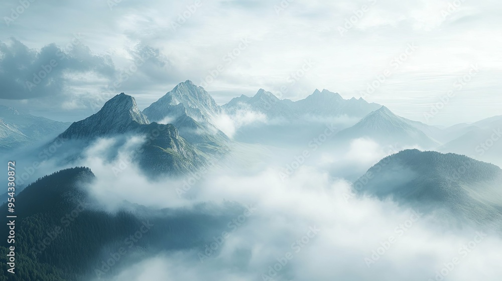 Mountain Peaks Pierce the Clouds in a Serene Landscape Mountain Peaks Pierce the Clouds in a Serene Landscape