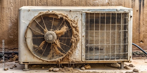 Grubby, neglected air conditioning unit covered in thick dust, dirt, and cobwebs photo