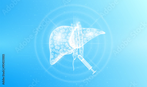 Medicine pills various in liver human and syringe. Overtreatment with antibiotics can have harmful effects on the organs. Medical science health care concept. Vector EPS10.