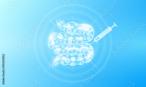 Medicine pills various in small intestine human and syringe. Overtreatment with antibiotics can have harmful effects on the organs. Medical science health care concept. Vector EPS10.