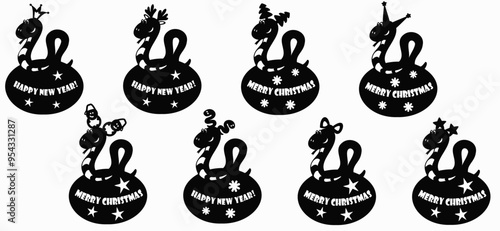 Set of New Year 2025 symbols for cutting. Silhouettes of snakes with congratulatory inscriptions