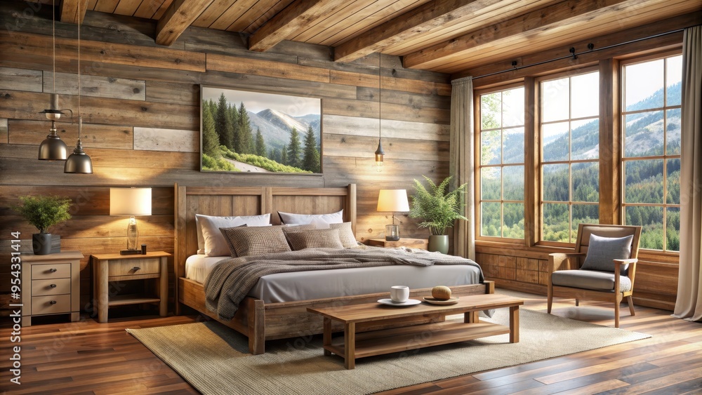 Rustic bedroom interior with wooden furniture and natural textures, rustic, bedroom, interior, wooden, furniture, cozy Rustic bedroom interior with wooden furniture and natural textures, rustic, bedroom, interior, wooden, furniture, cozy