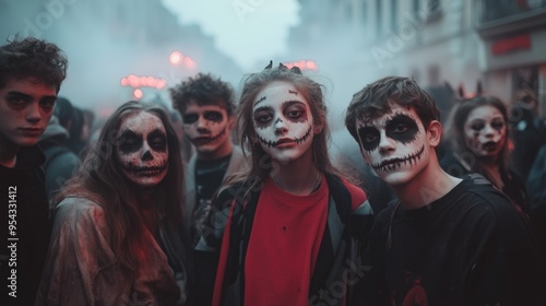 A group of teenagers dressed as zombies and vampires, standing in the middle of a street covered in fog from Halloween decorations, looking directly into the camera.