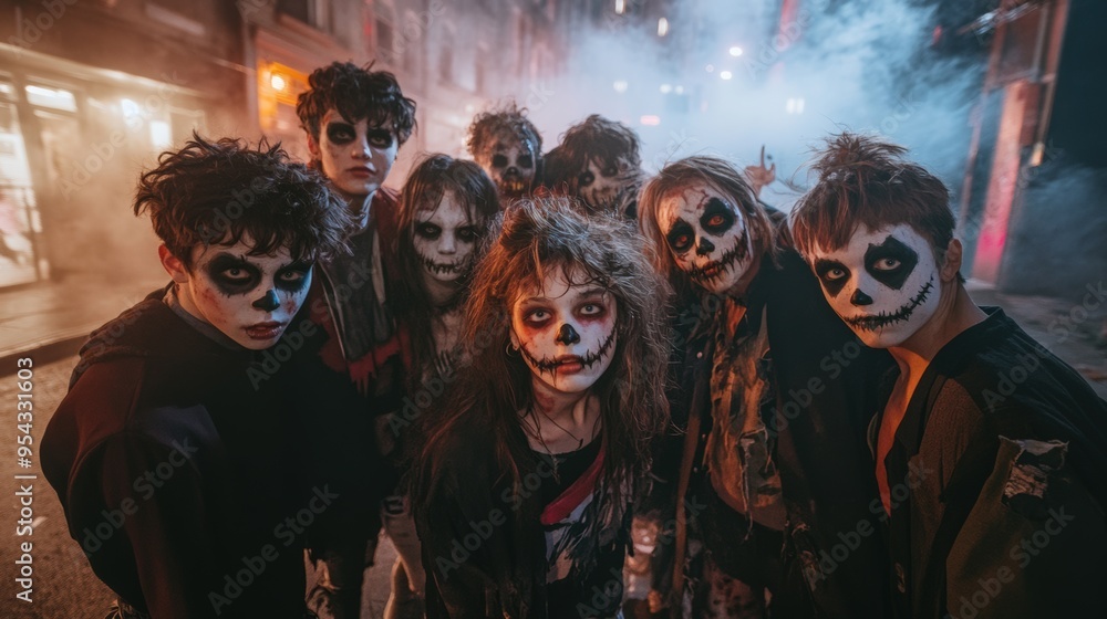 Obraz premium A group of teenagers dressed as zombies and vampires, standing in the middle of a street covered in fog from Halloween decorations, looking directly into the camera.