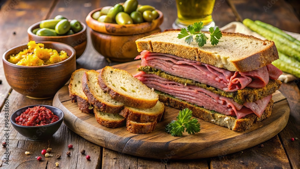Vibrant deli display features an abundance of juicy, thinly sliced pastrami, accompanied by crusty rye bread, tangy Vibrant deli display features an abundance of juicy, thinly sliced pastrami, accompanied by crusty rye bread, tangy