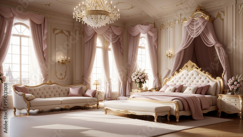 A large, ornate bedroom with a cream and blush pink color scheme. A four-poster bed, 