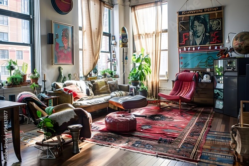 Illustration of A trendy studio apartment with a cluttercore twist, showcasing an artful mess of trendy decor, eclectic furniture, and personal treasures on every surface. Ai Generate.
 photo