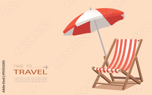 Time to travel  vacation icon beach sunbed with umbrella, wooden deck chair. Summertime relax. Sun lounger. Beach umbrella, beach chair.