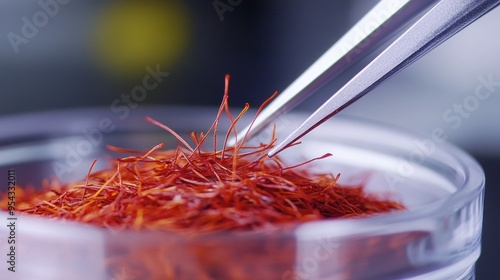 Fototapeta Naklejka Na Ścianę i Meble -  Close-up of Saffron Threads with Tweezers
