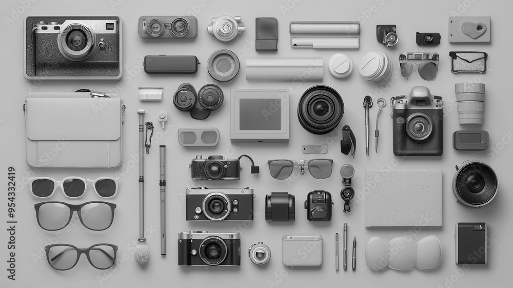 A creative arrangement of various photography tools and accessories in monochrome, perfect for visual storytelling and inspiration. A creative arrangement of various photography tools and accessories in monochrome, perfect for visual storytelling and inspiration.