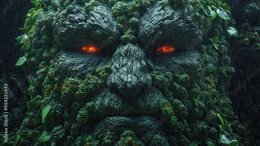 A mystical forest being with a face of bark and glowing eyes, surrounded by lush greenery and an aura of enchantment. A mystical forest being with a face of bark and glowing eyes, surrounded by lush greenery and an aura of enchantment.