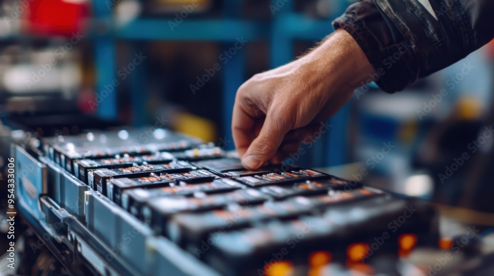 Close-Up of a Hand Inspecting an Electric Vehicle Battery Close-Up of a Hand Inspecting an Electric Vehicle Battery