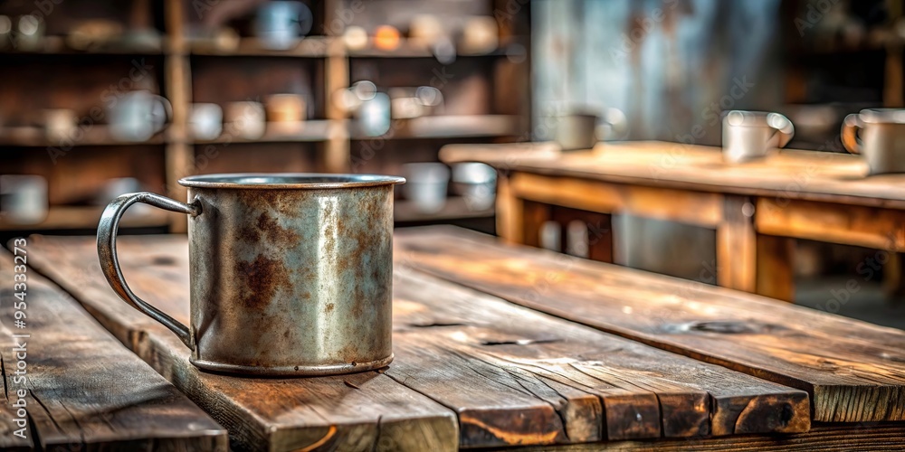 Rustic metal mug with distressed finish and stylish handle on wooden table in industrial chic setting Rustic metal mug with distressed finish and stylish handle on wooden table in industrial chic setting