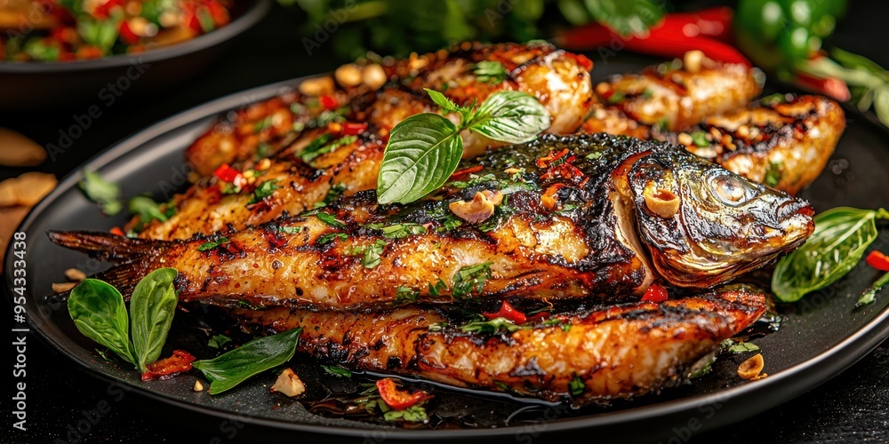 Grilled Fish with Herbs and Spices on Black Plate Grilled Fish with Herbs and Spices on Black Plate