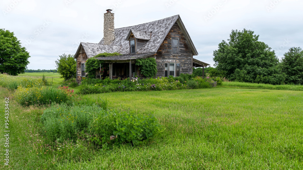 Charming Rustic Farmhouse Nestled in a Lush Green Meadow Surrounded by Verdant Foliage Charming Rustic Farmhouse Nestled in a Lush Green Meadow Surrounded by Verdant Foliage