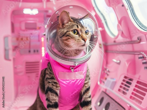 A cute cat wearing a pink spacesuit inside a spaceship, looking curiously out into space, blending adorable elements with a sci-fi setting in a playful scene. photo