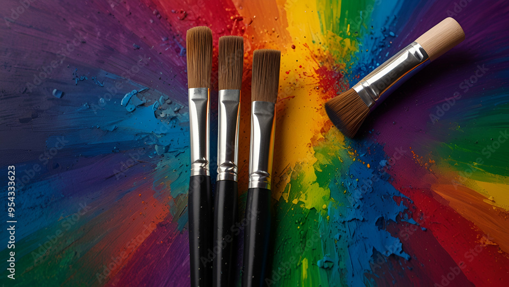 Obraz premium Bright multicolored background with brushes and paint on a creative canvas banner.