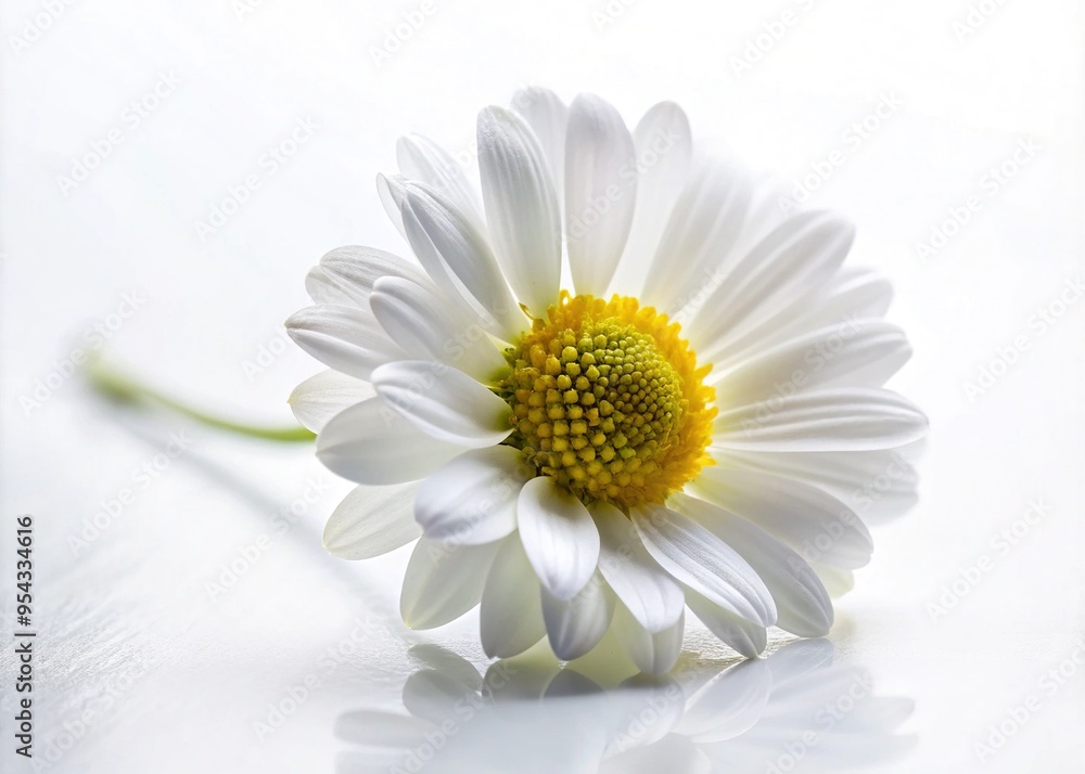 Fototapeta premium Delicate, soft-focus petals of a daisy-like flower, symbolizing new beginnings and innocence, gently unfurl against a creamy white background, evoking feelings of hope and renewal.