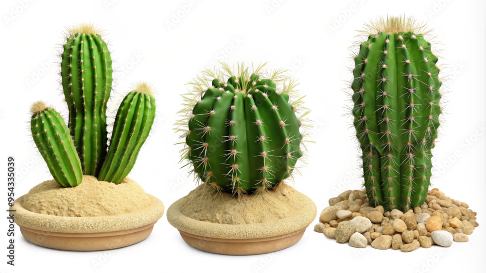 Three Varieties of Cacti on Desert Terrain for Botanical Designs Three Varieties of Cacti on Desert Terrain for Botanical Designs