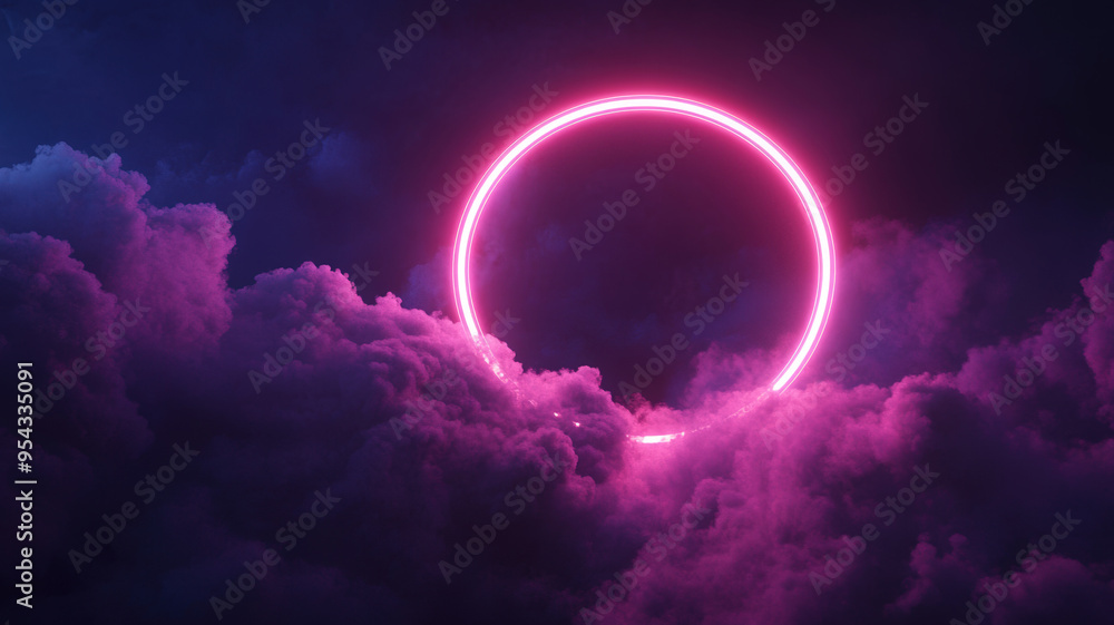 Obraz premium Neon-Illuminated Abstract Cloud with Glowing Ring Frame Against Dark Sky: Futuristic 3D Render Featuring Surreal Nightscape and Geometric Shapes for Modern Creative Design