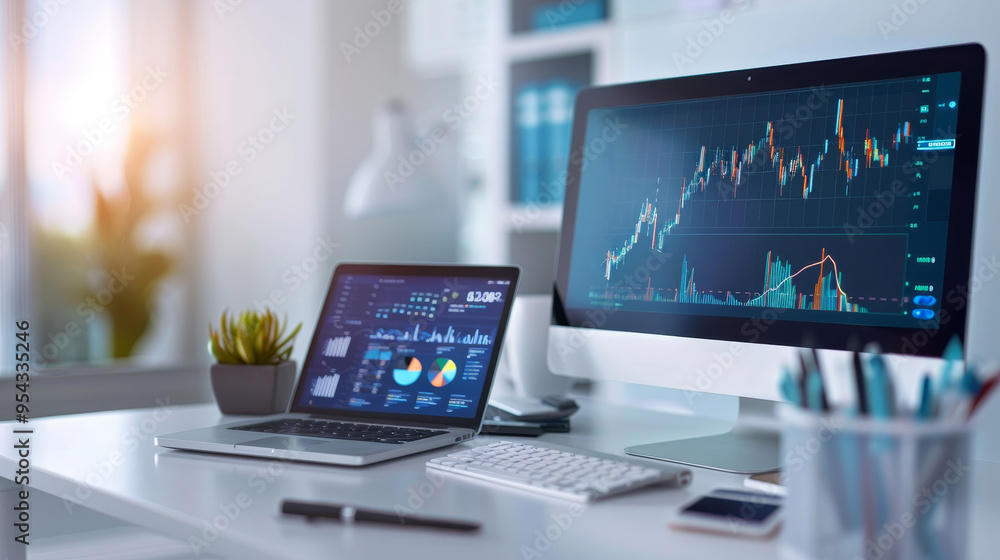 Modern Workspace with Financial Charts on Desktop and Laptop Screens Modern Workspace with Financial Charts on Desktop and Laptop Screens