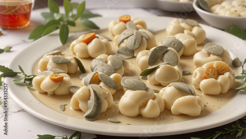 Creamy sauce covers small, light-colored pasta dumplings. Fresh sage leaves are scattered on top