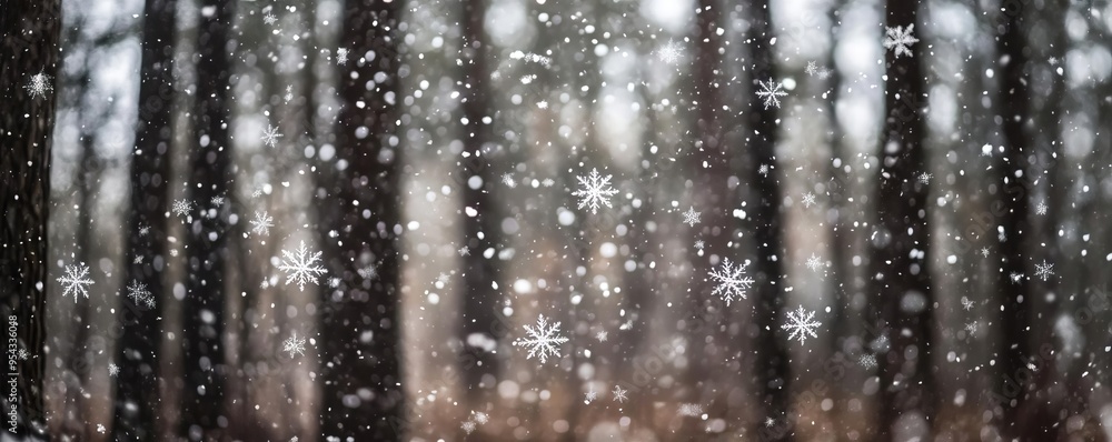 Snowflakes gently falling in a quiet forest, winter weather, serene and peaceful Snowflakes gently falling in a quiet forest, winter weather, serene and peaceful