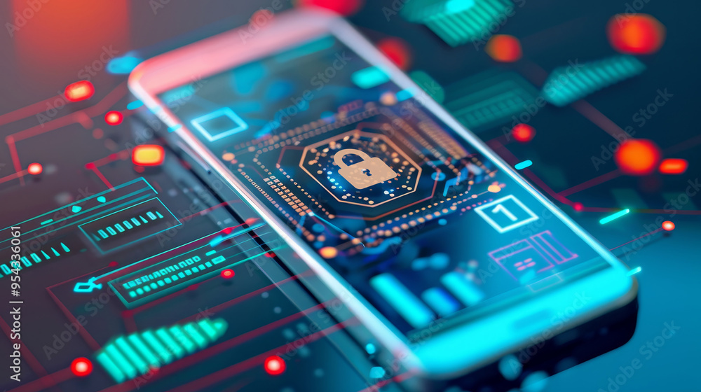 Smartphone with lock icon and digital circuit board background Smartphone with lock icon and digital circuit board background