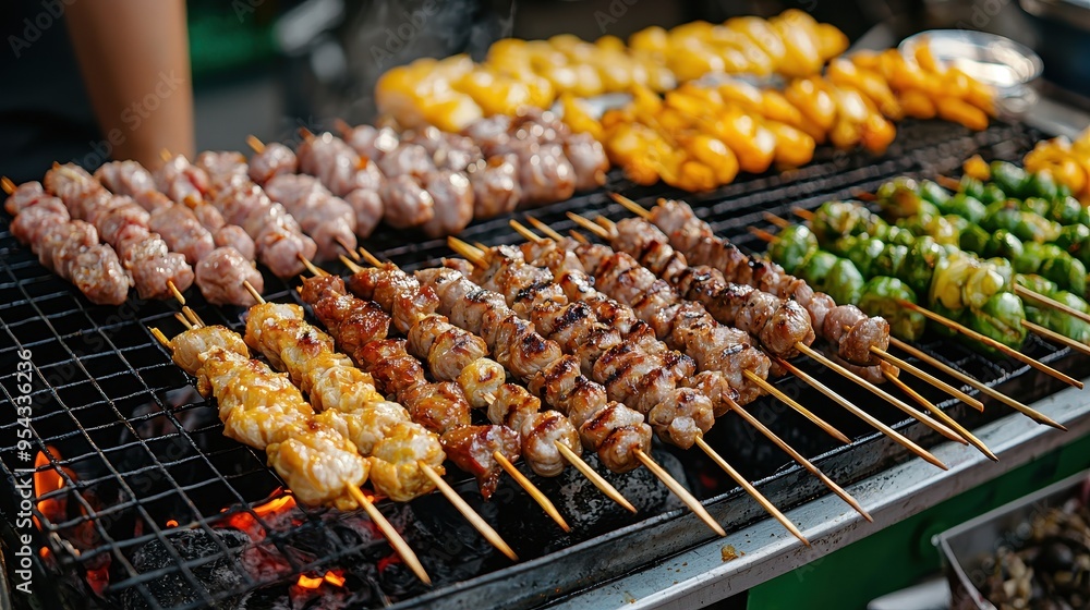 Grilled Meat and Vegetables on Skewers Over Charcoal Fire Grilled Meat and Vegetables on Skewers Over Charcoal Fire