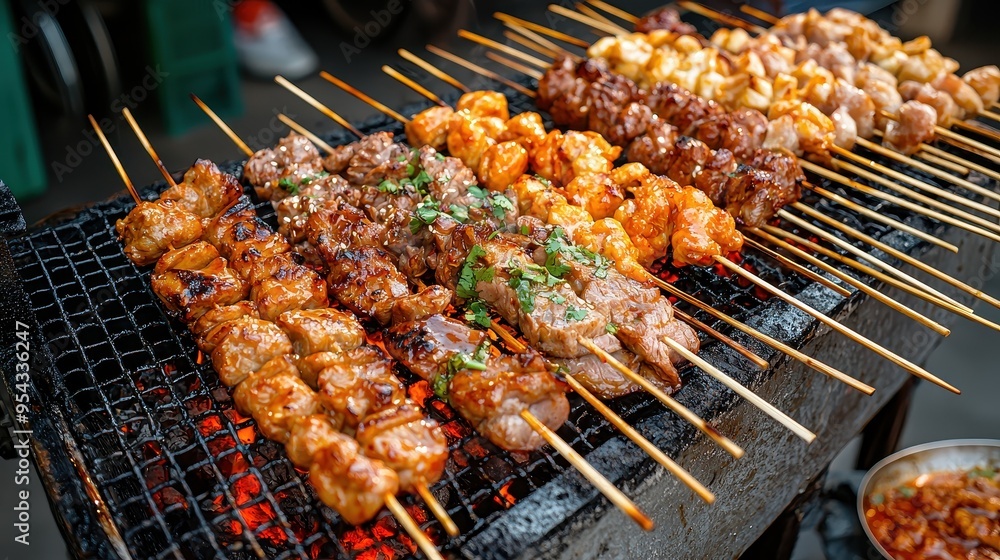 Grilled Meat Skewers on Charcoal Grill with Sauce Grilled Meat Skewers on Charcoal Grill with Sauce