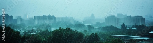 Sudden downpour soaking an urban landscape, wet weather, city in the rain photo