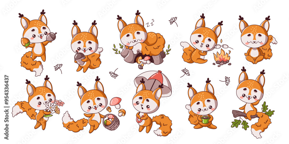 Fototapeta premium Cute little squirrels having fun flat color vector illustration set. Kawaii wild rodent in various situations icons on white collection