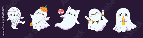 Clever apparitions Halloween party level color vector characters set. Spooky charming apparitions at occasion party outline pack on purple foundation